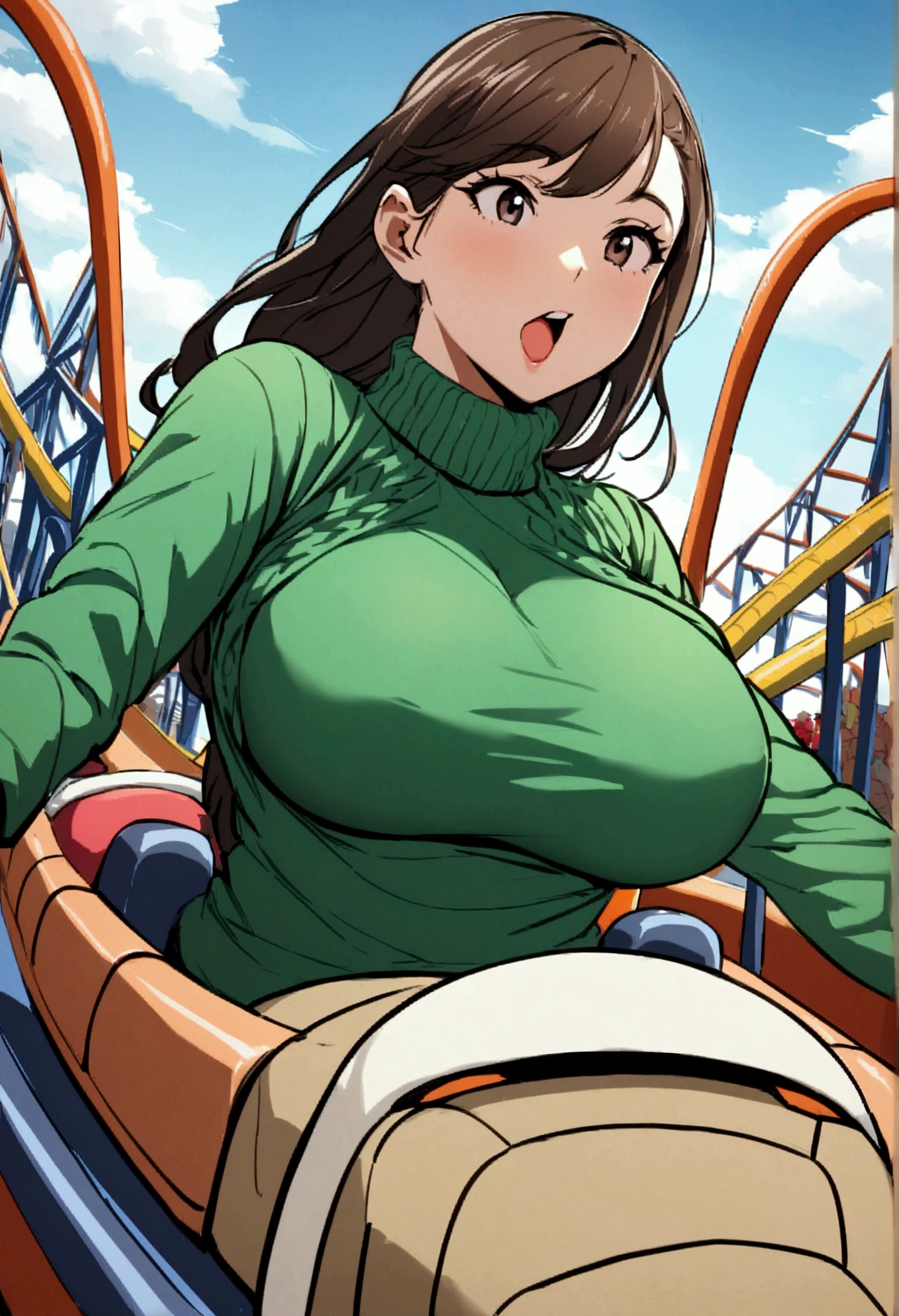 beautiful busty women in winter turtle neck knit tops riding a roller coaster, winter Daytime, braless