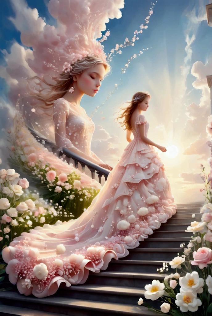 a girl in a dress made of milky cream flowers, soft pale pink, marshmallow airy dress with a train, walks up the crystal, at the top the rays of the sun pierce the airy clouds of the stairs to Eden, ISO 100