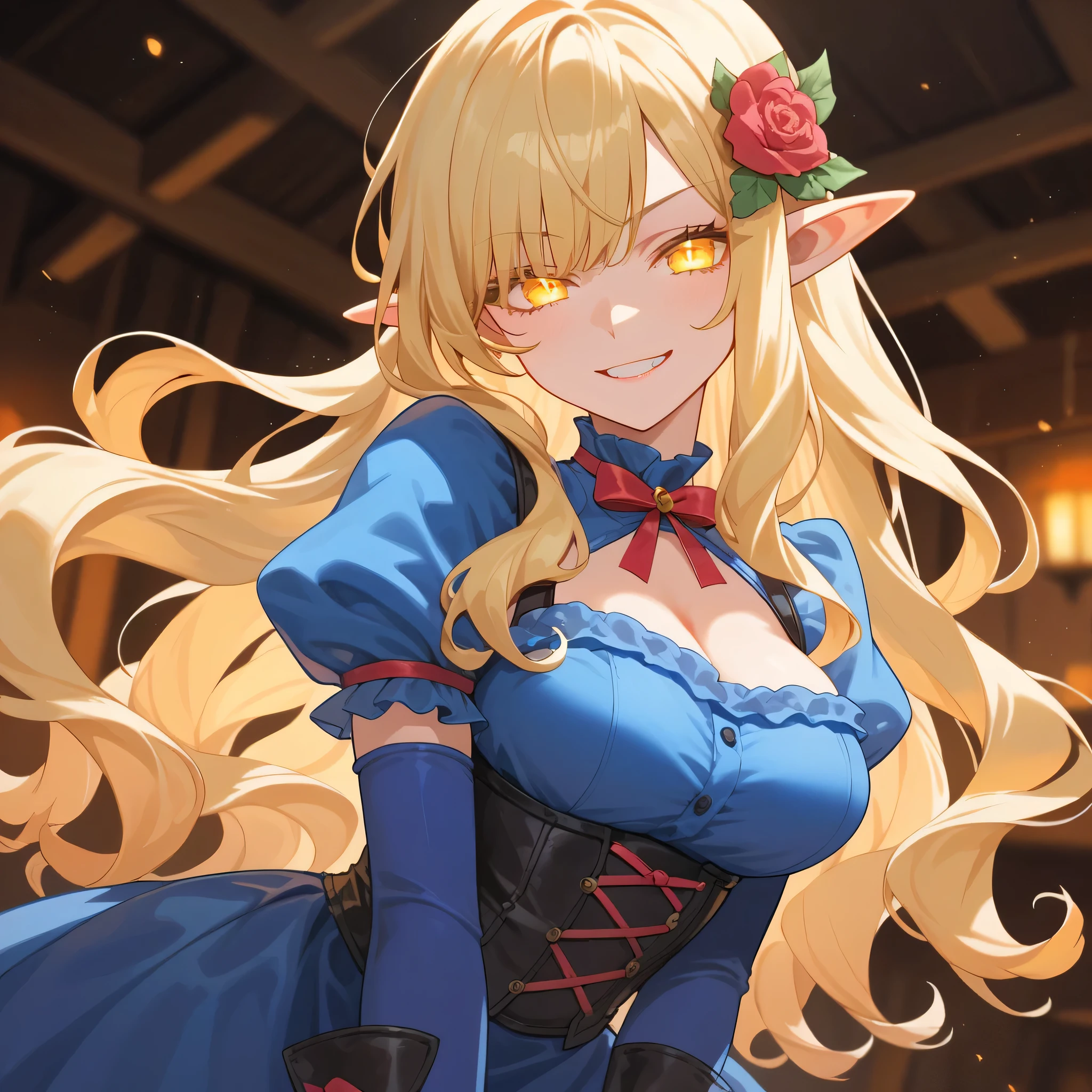 source anime, fantasy bard outfit, blonde hair, long hair, wavy hair, long bangs, fantasy tavern, yellow eyes, 1girl, solo, evil smirk, glowing eyes, perfect eyes, pointy ears, high res image, masterpiece, perfect anatomy, counterpoise, perfect face, hands behide back, gloves, stocking, cute girl, tight, ,normal breast