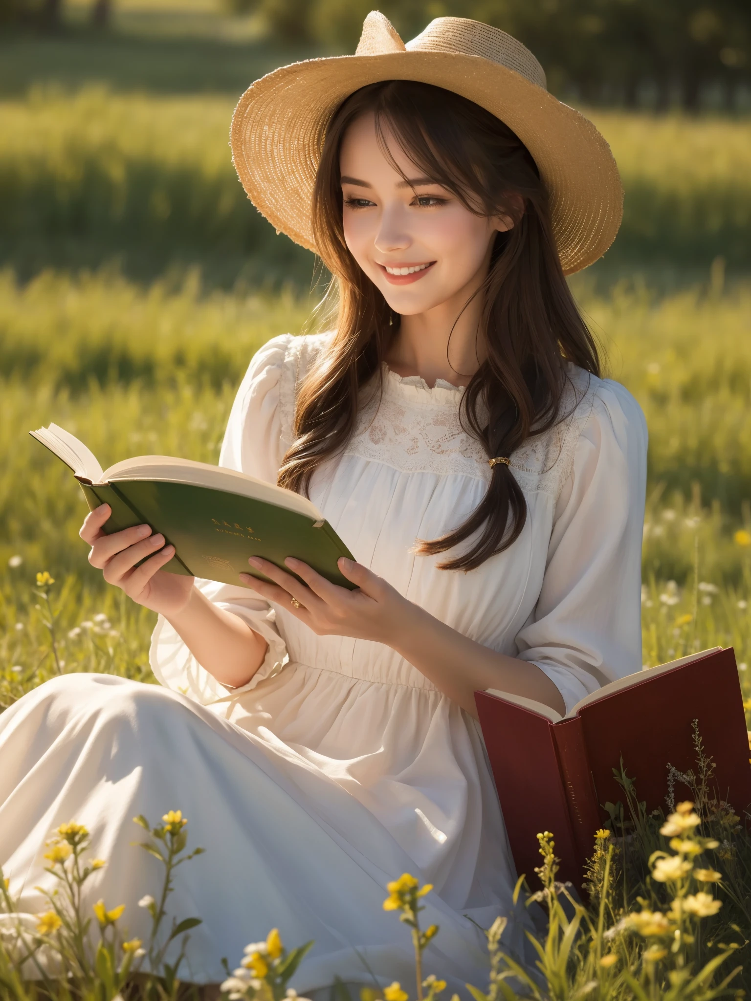 a beautiful woman reading a book in an open meadow, she is looking at the book and smiling, leaning on a tree stump, sun rays, cinematic, 1girl, beautiful detailed eyes, beautiful detailed lips, extremely detailed face, long eyelashes, elegant dress, serene expression, natural lighting, golden hour, warm colors, vibrant greens, lush foliage, photorealistic, highly detailed, masterpiece, hyper realistic, 8k, award winning