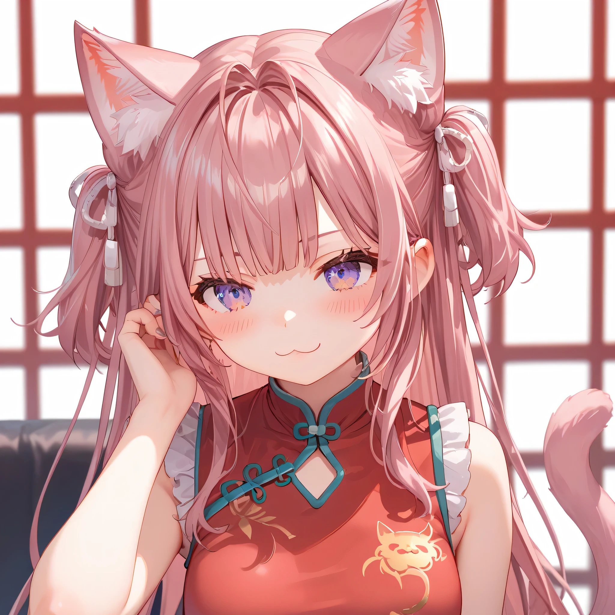 score_9, score_8_up, score_7_up,Source_anime, 1girl, hand on own ear, hair tucking, hair behind ear, hand up, adjusting hair, china dress(red china dress), cat mouth,hakui koyori,koyo_jk,side tail,1girl,animal ear fluff,full body