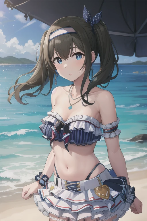 masterpiece, Best Quality,  high res, DDFUMIKA,  The Idolmaster,  side ponytail , Hairbands, hair ribbon, blue bowa ,  star hair ornament, Side Lock, Large Breasts, clavicle, necklace, Strapless, Frilled bikini,  arm garter, Single Wrist Cuff, abdomen, Layered skirt, Bridal Garter, standing,  cowboy shot, Beach,