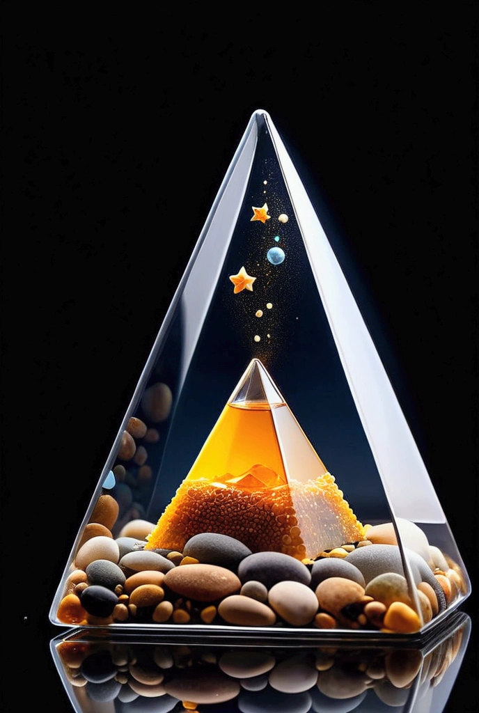 floating in the air, a transparent glass container miniature of a pyramidal shape with a high reflective ability, isolated on a black glossy star background of a female silhouette. inside the container there is a bright landscape: pebbles+waves. high contrast and color saturation, complex background details, liquid honey + spiral Fibonacci