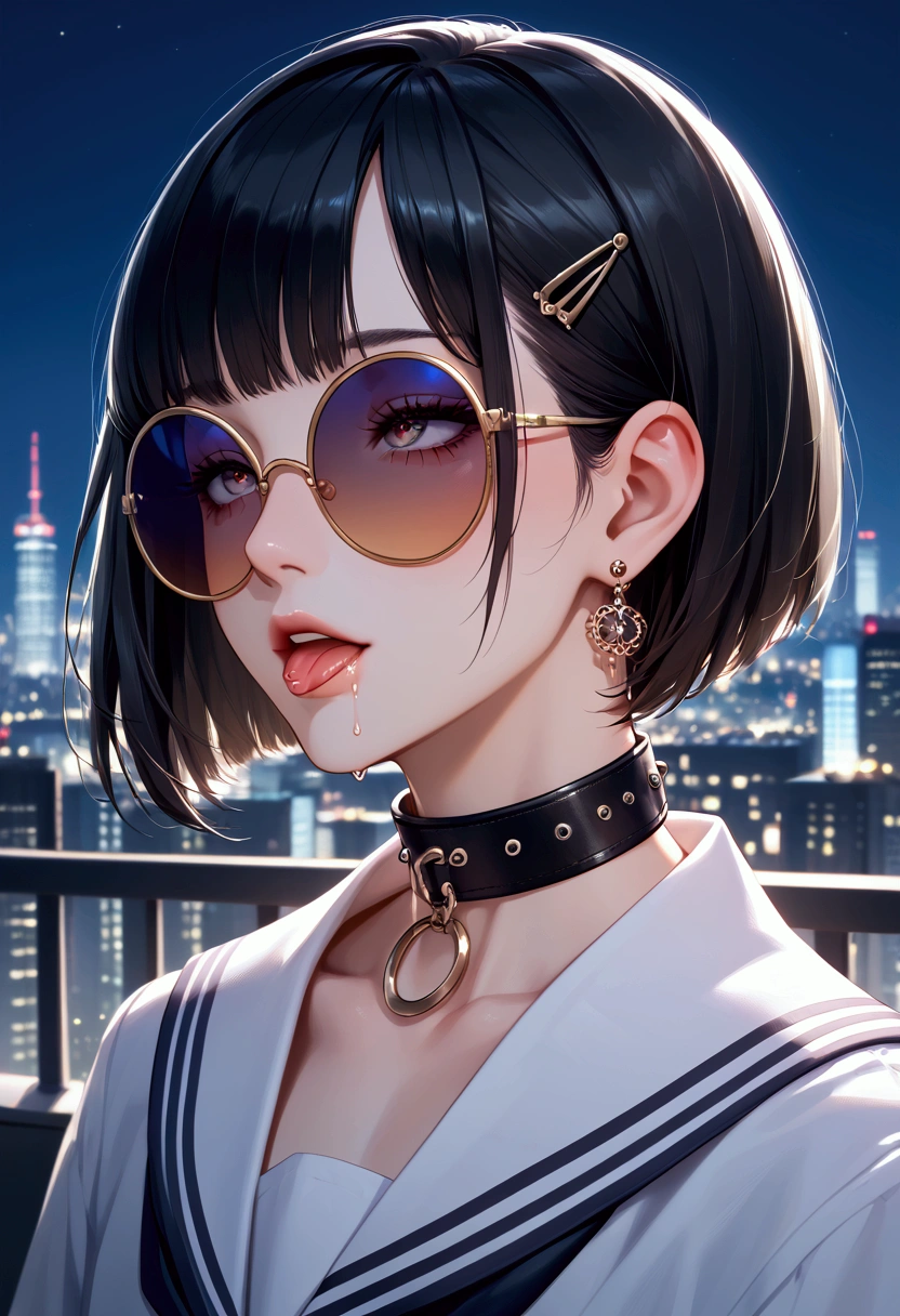 core_9, score_8_up, score_7_up, Very beautiful boy,Night view,Night cityscape,Metropolis,in heat, oral invitation,drooling,Upper body close-up,Earrings,silver accessories,Stand-up collar school uniform,navel,Beautiful black hair,Bob,Bobcut, round sunglasses,Unreal beauty,Captivating eyes, femboy, trap, Beautiful Shadows,Best Quality, ( intricate details ),  movie-like light, ray tracing