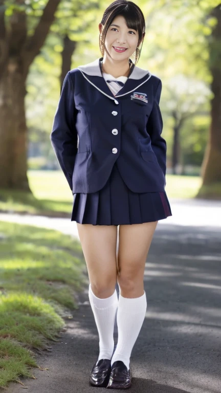 Japanese Mature,White skin,50 years old,(plump body,Large Breasts:1.3),(earrings,seifuku cosplay,Short socks,Wearing loafers:1.2),(Standing in the park,Full body shot from head to toe,full body,standing:1.2),looking at viewer,smile,surrealism, depth of field, from below, Sony FE, 8k, arms up