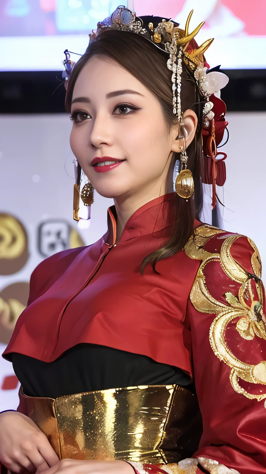 ((Best Quality, 8k, masterpiece:1.3)), beautiful woman with perfect figure :1.4, Slim Abs:1.1, ((Big Breasts:1.3)), はち切れんばかりのBig Breasts, Slim and toned waist, Smiling at the audience:1.2), Transparent eyes, highly detailed face and skin textures, Detailed eyes, ultra-high resolution shiny lips , Beautiful long hair,Oiran,Lavish decoration,