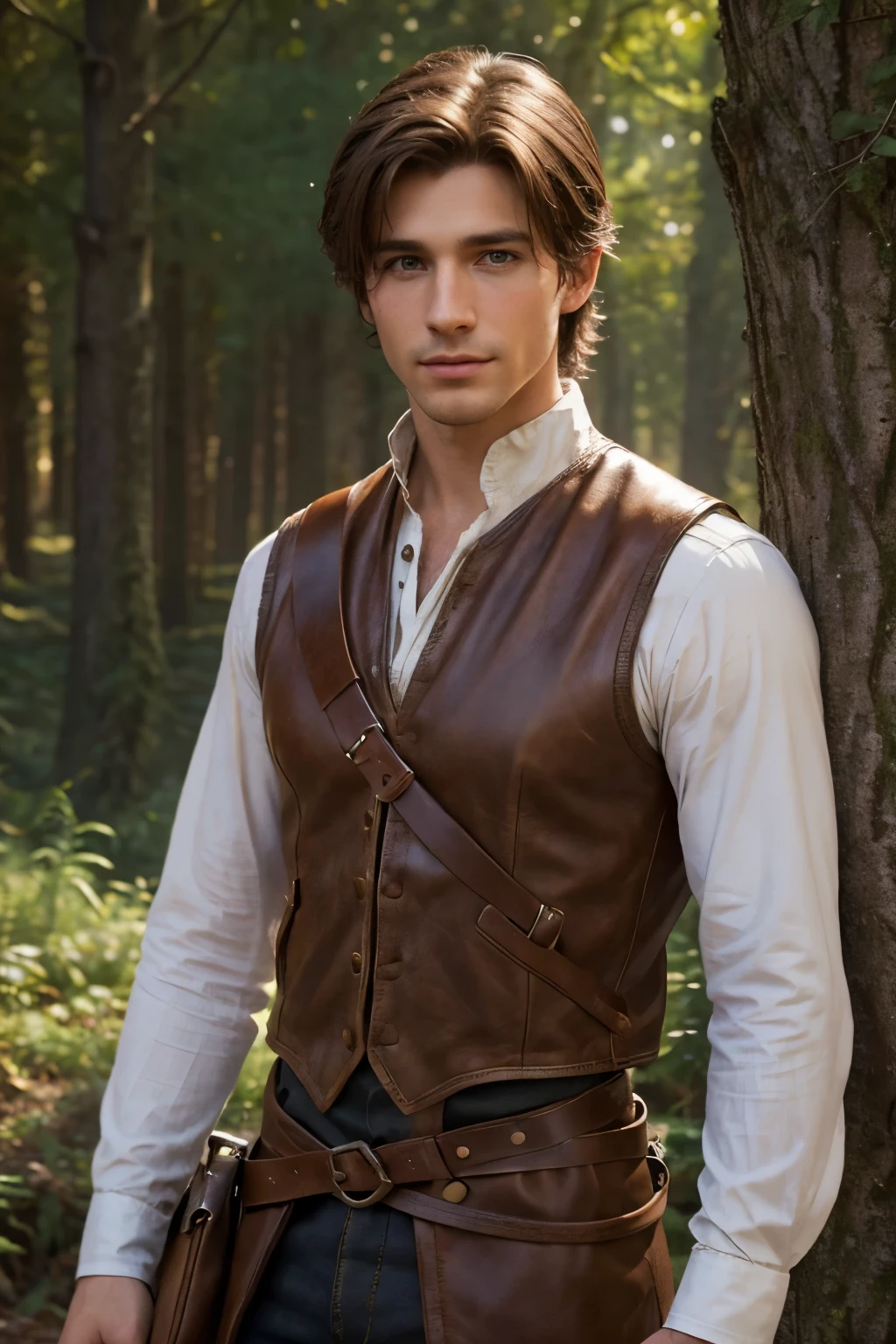 "Create a realistic portrait of a charming man resembling Flynn Rider from *Rapunzel*. He should have tousled brown hair, a bit of stubble, and a confident yet playful expression. His sharp features include expressive brown eyes, a well-defined jawline, and a slight smirk. He wears a rugged yet stylish medieval outfit, with a brown leather vest over a loose white shirt, and a satchel slung over his shoulder. The background can hint at a fairytale forest or castle setting, with soft lighting highlighting his adventurous and roguish persona."