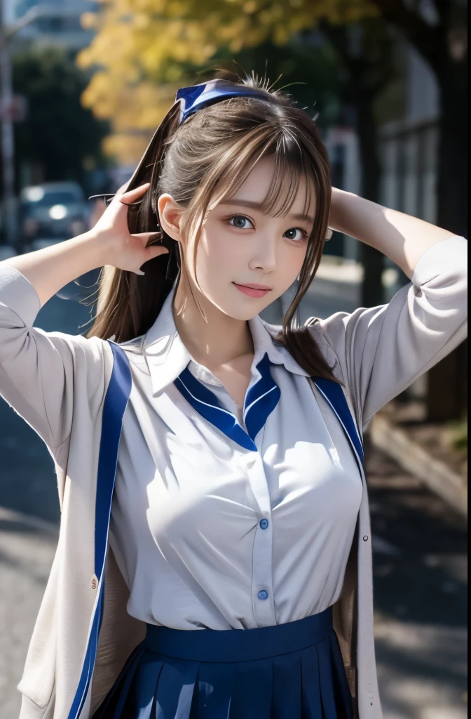 masterpiece , Best Quality, where (Genshin Impact) , 1 girl , Ample breasts, Long Hair, ponytail, hair accessories, Silky Long Hair, Place your hands behind your head:1.5, Hair Manicure, where, Soft skin texture, Student Uniform, skirt, cardigan, road, street, 8K RAW photo staring at the viewer,