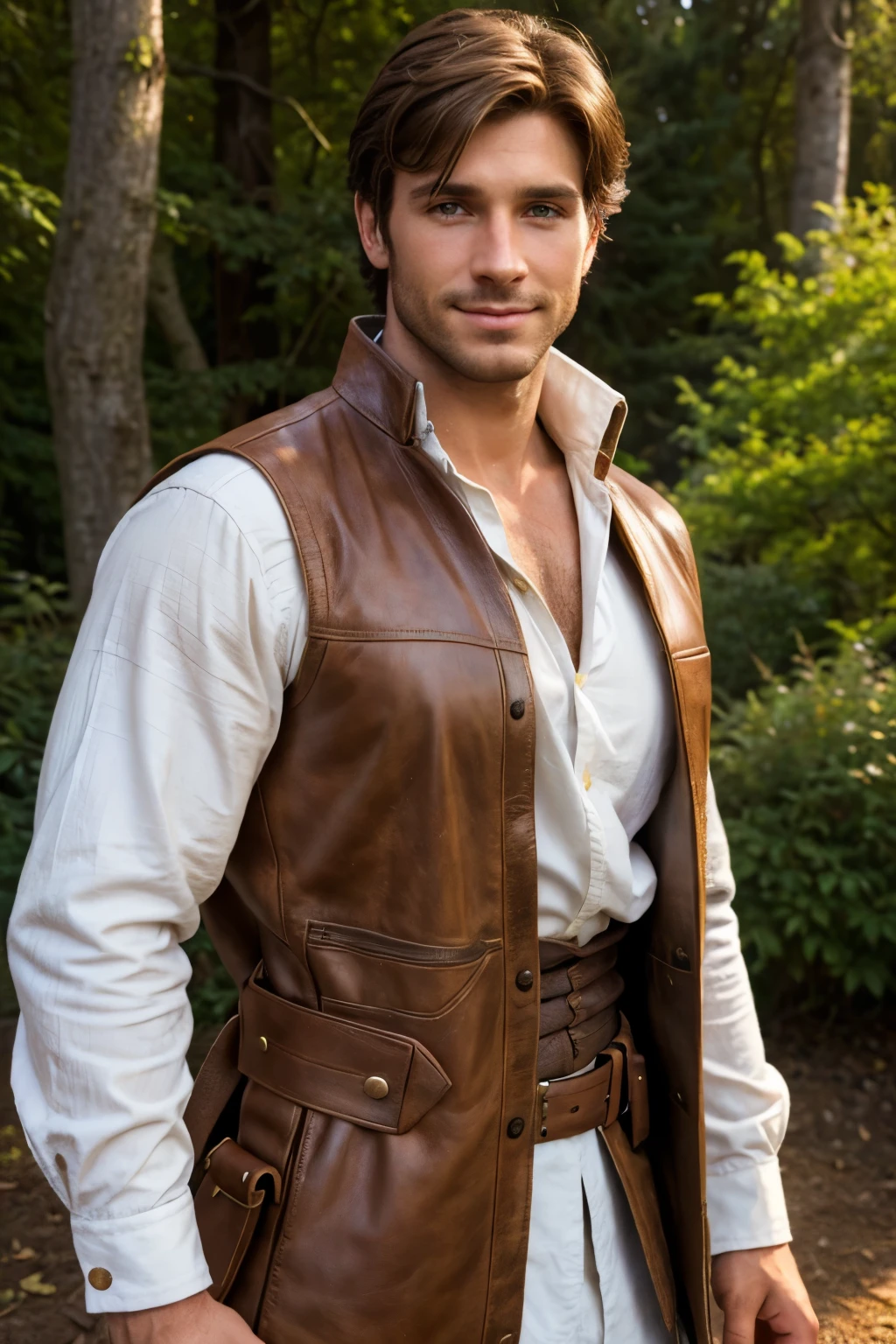 "Create a realistic portrait of a charming man resembling Flynn Rider from *Rapunzel*. He should have tousled brown hair, a bit of stubble, and a confident yet playful expression. His sharp features include expressive brown eyes, a well-defined jawline, and a slight smirk. He wears a rugged yet stylish medieval outfit, with a brown leather vest over a loose white shirt, and a satchel slung over his shoulder. The background can hint at a fairytale forest or castle setting, with soft lighting highlighting his adventurous and roguish persona."