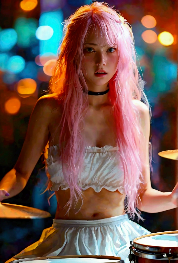 若いアジア人女性がドラムセットを激しく演奏しているwhole body画像, naked, showing off her chest,Long pale pink hair ,  a dim corner with only warm white lighting from a downlight ,  shadowing her face and body , The image is clear 、The background is blurred,  one hand holding a stick raised high and swinging around ,  her other hand is hitting one of the drums on the drum set,Bare your breasts,sweat,Disdainful Eyes,, White ruffled skirt,  angry 、Cry, nude,nsfw, nude, whole body