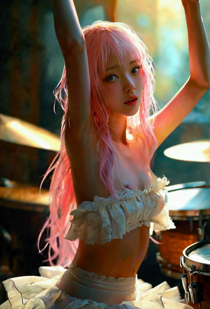 若いアジア人女性がドラムセットを激しく演奏しているwhole body画像, naked, showing off her chest,Long pale pink hair ,  a dim corner with only warm white lighting from a downlight ,  shadowing her face and body , The image is clear 、The background is blurred,  one hand holding a stick raised high and swinging around ,  her other hand is hitting one of the drums on the drum set,Bare your breasts,sweat,Disdainful Eyes,, White ruffled skirt,  angry 、Cry, nude,nsfw, nude, whole body