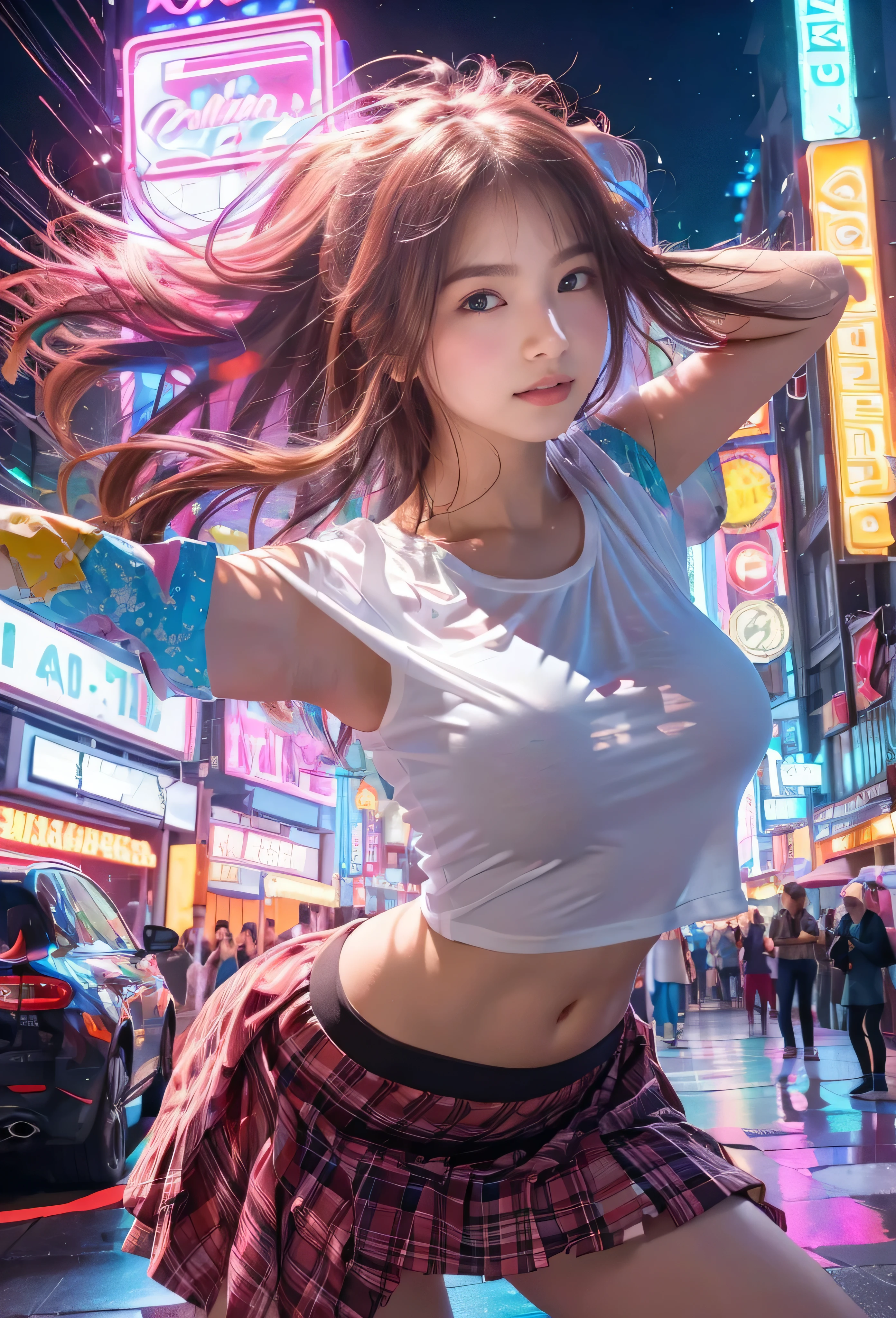 Downtown at night、The neon lights on the billboards are dazzling、A cute girl who got drunk and fell asleep on the street、Close your eyes、Your mouth is open、huge tit、beauty legs、cleavage of the breast、high-heels、(Holding a bottle of liquor)、Tie-dye jumpsuits and layered jewelry