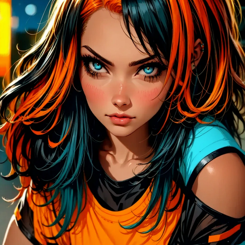 A girl with orange hair, with blue cyberpunk outfit, in a colorful meadow, at night