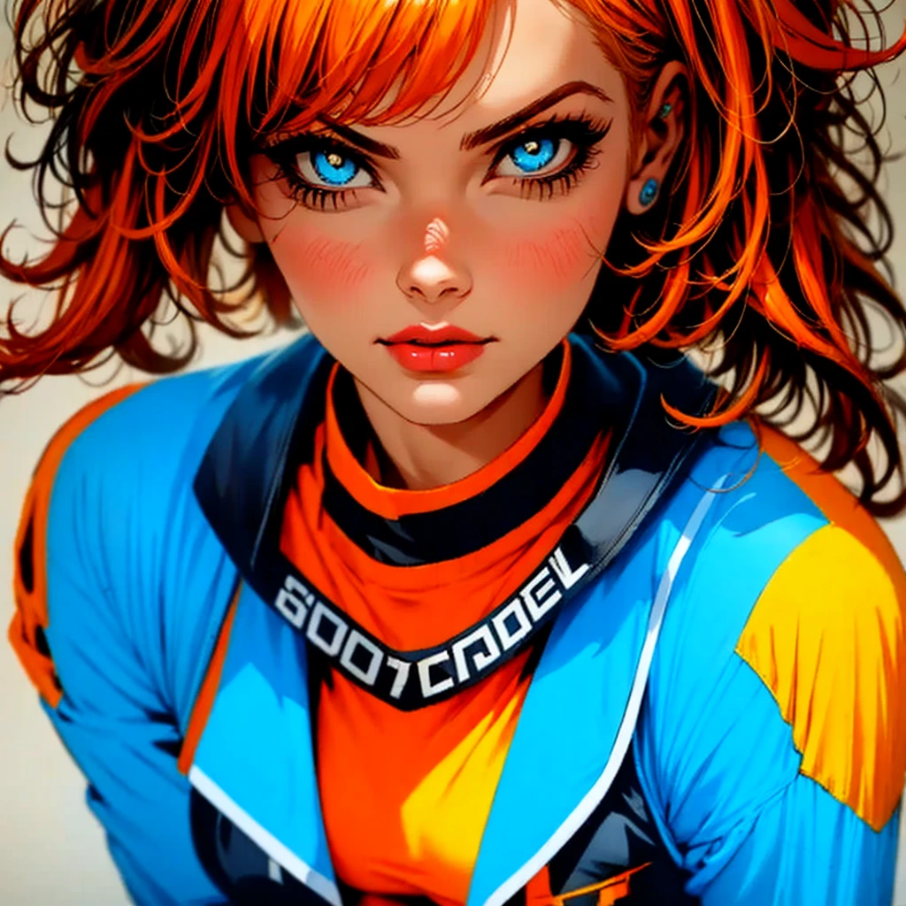 A girl with orange hair, with blue cyberpunk outfit, in a colorful meadow, at night