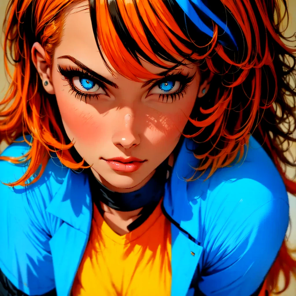 A girl with orange hair, with blue cyberpunk outfit, in a colorful meadow, at night