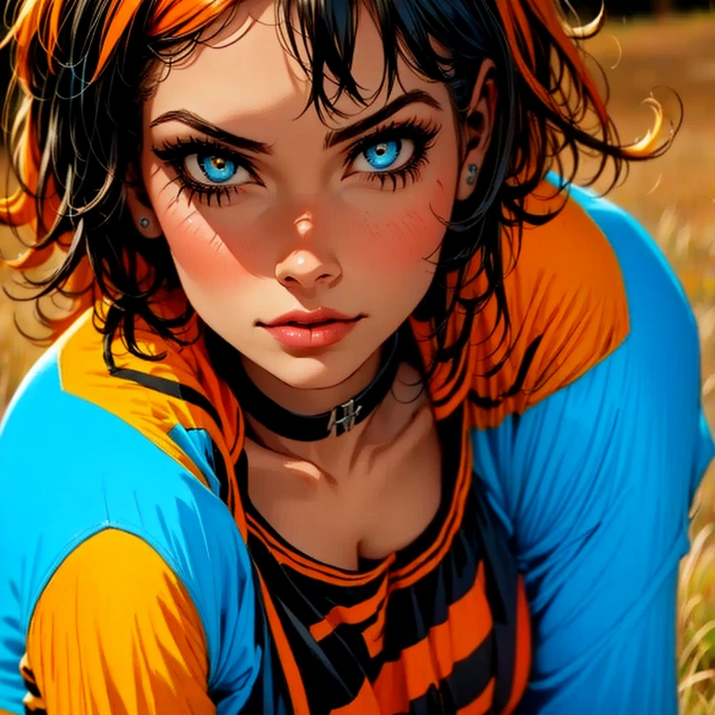 A girl with orange hair, with blue cyberpunk outfit, in a colorful meadow, at night