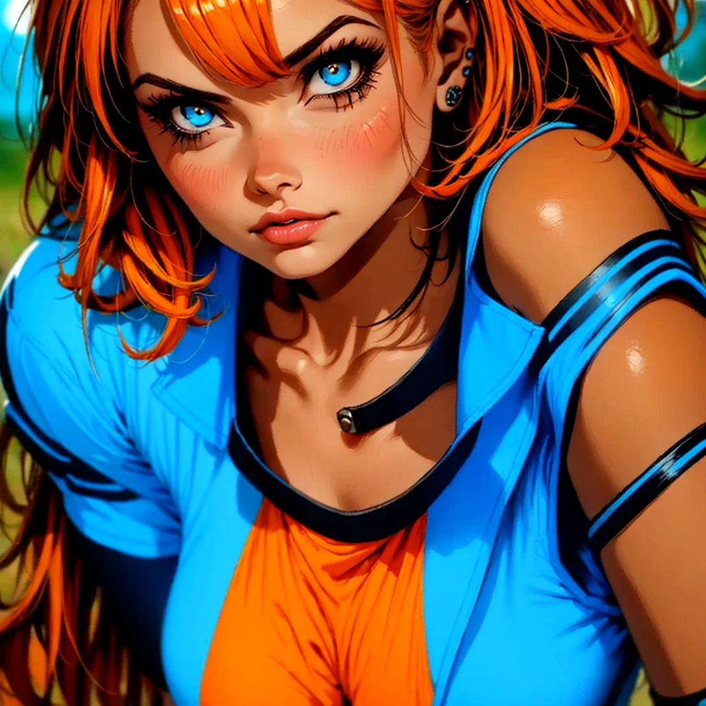 A girl with orange hair, with blue cyberpunk outfit, in a colorful meadow, at night