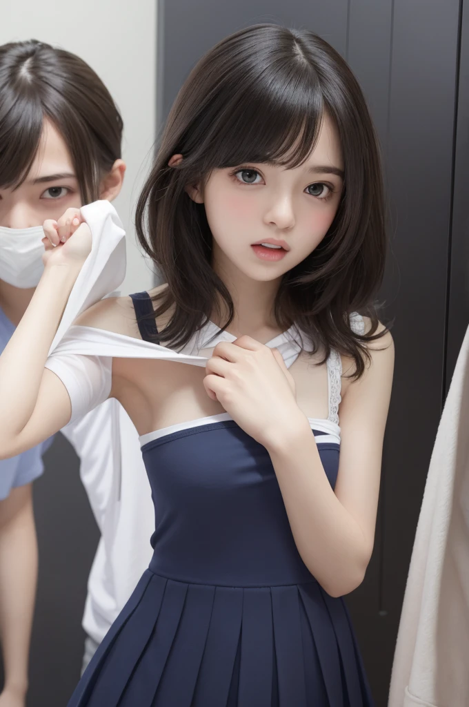 (one naked guy out of frame, one young Japanese lady, office lady,doggy-style sex,standing, bangs,Nude, White blouse, Black vest, open cloth, Black mini skirt, Ribbon on neck, Tears, opened eyes, a guy grabbing her ass:1.4), (Grab your ass), blush, chest, dorsal position,  Heterosexual, , table, Sex, indoor, nude,small breast