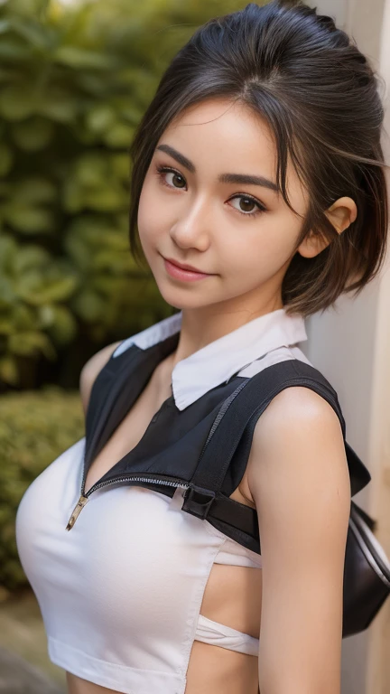 (realistic:1.3), insane detailed, quality, (masterpiece:1.2), (photorealistic:1.2), (best quality), (detailed skin:1.3), (intricate details), ray tracing, ((half body)), (((1girl))), (((1 person))), 18 years old, small breasts, short hair, smile, black hair, Indonesian high school uniform, (blurred background)