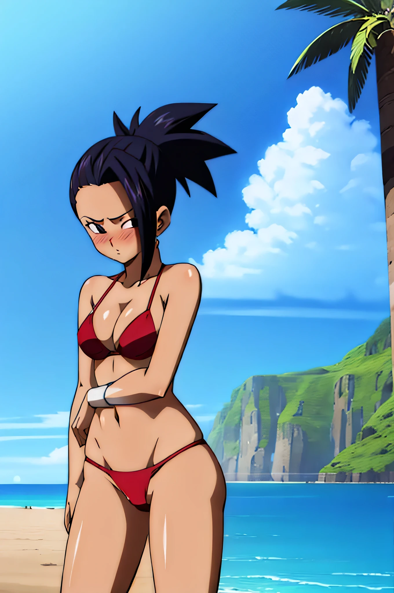 ((masterpiece, best quality)),(complex light), 1female,solo,upper body, goku black,black goku hair,black eyes, angry, green potara earrings, large breasts, wide hips, curvy, thin waist, red collar, solo girl, armpits, arms up, large breasts, wide hips, curvy, thin waist, black slingshot swimsuit, black arm sleeves, abs, muscular female, 6 pack, muscles, beach background, sexy