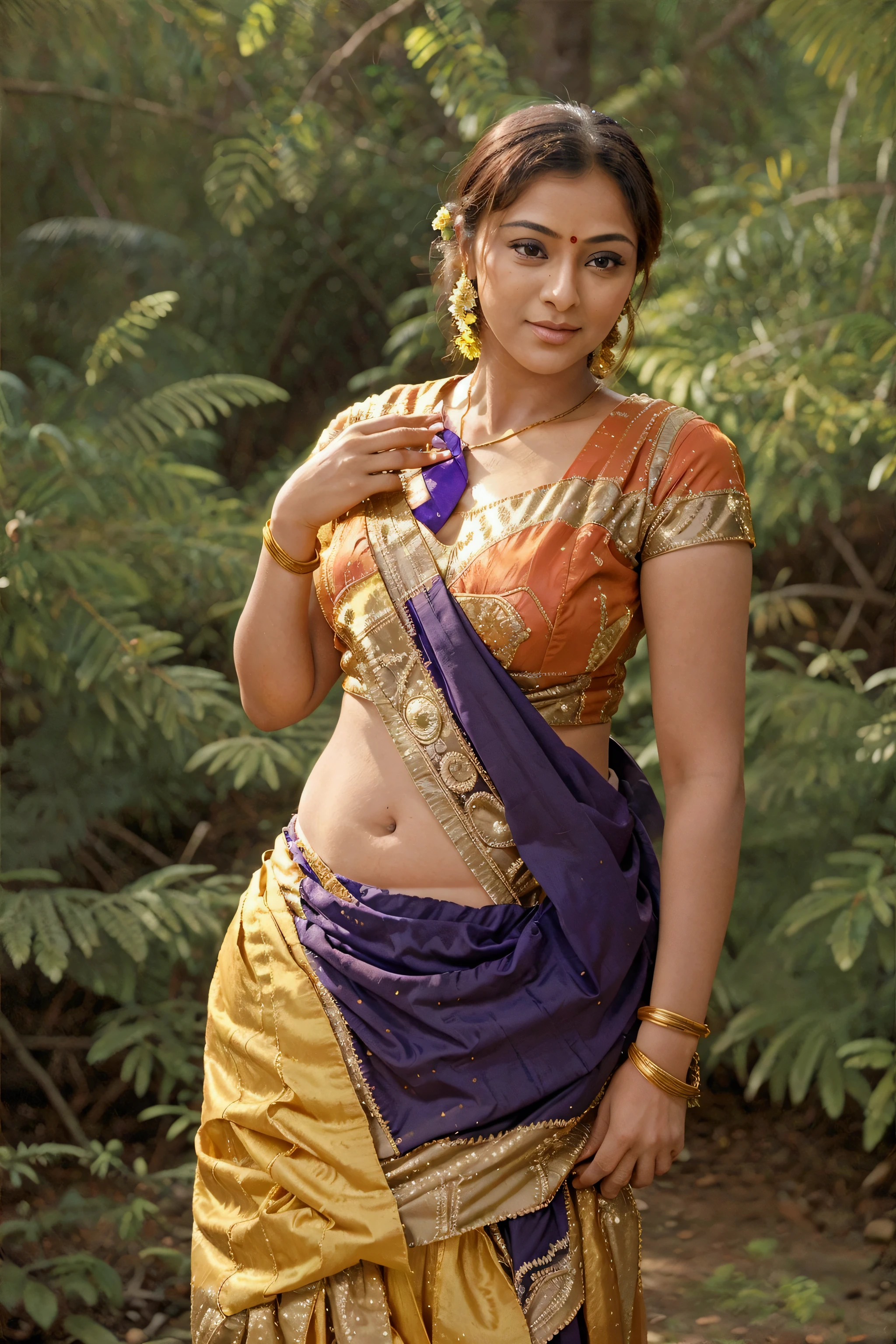 simran in a sari posing for a picture in a forest, traditional beauty, movie stills photography, movie stills, sari, very beautiful enga style, dressed in a sari, indian goddess, wearing a sari, wearing sari, hips, sharandula, traditional, actress, posing!!, indian, traditional female hairstyles, draped in silky purple and gold, indian style