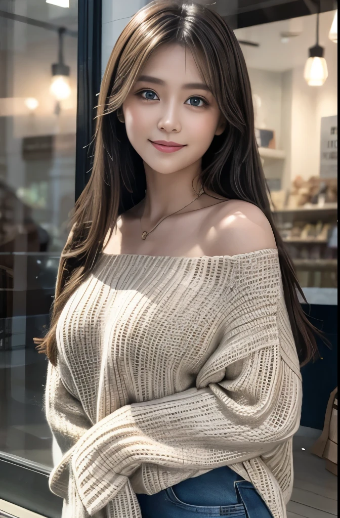 [One girl standing, I'm wearing a rough knit with rough stitching], Super detailed, Delicate depiction, Realistic, whole body, Be bold,Random Pause, 8K RAW photo, [where, 23 years old, Long Hair, Big Eyes,Lapis Lazuli Eyes, Shining, mysterious eyes that store light, Soft skin texture, Soft and sexy lips,Lip gloss, smile]