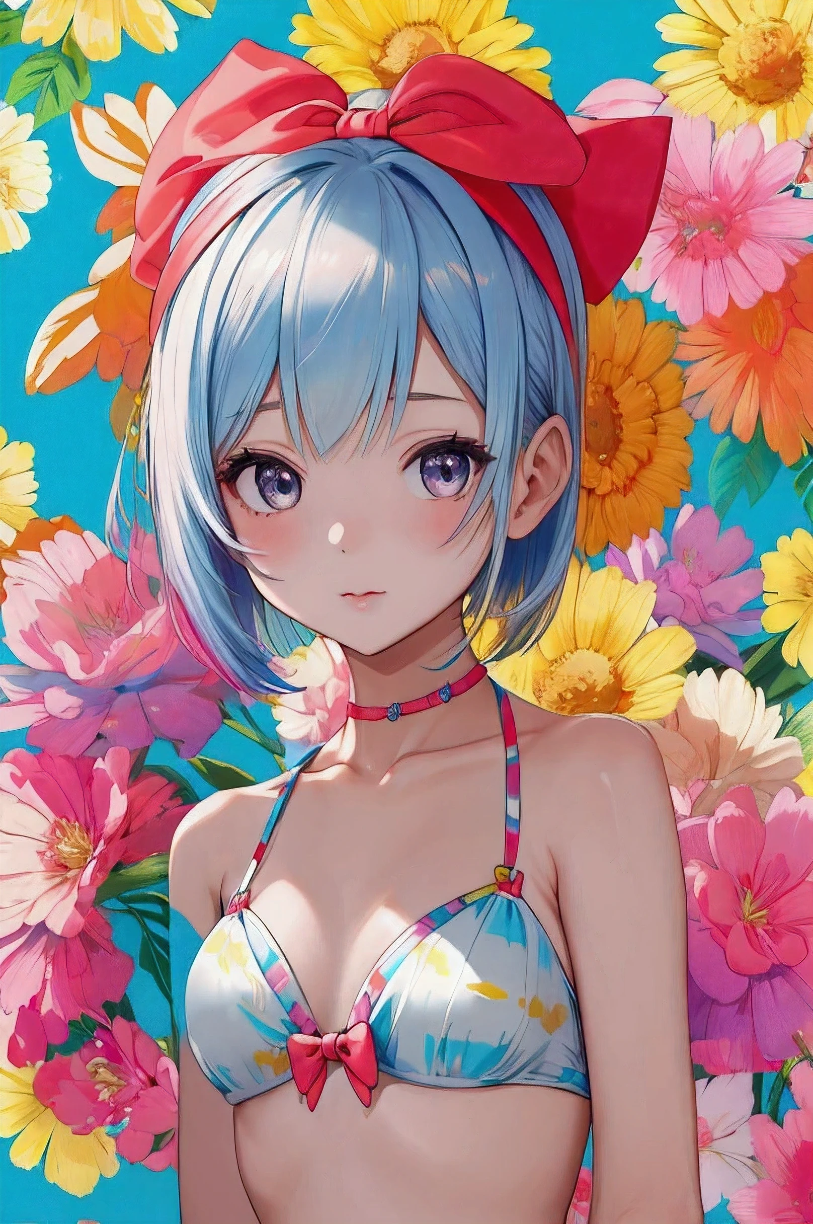 (masterpiece, best quality:1.2), 1 girl, alone,colorful bob hair,bow headband,Summer Bikini,clean background
