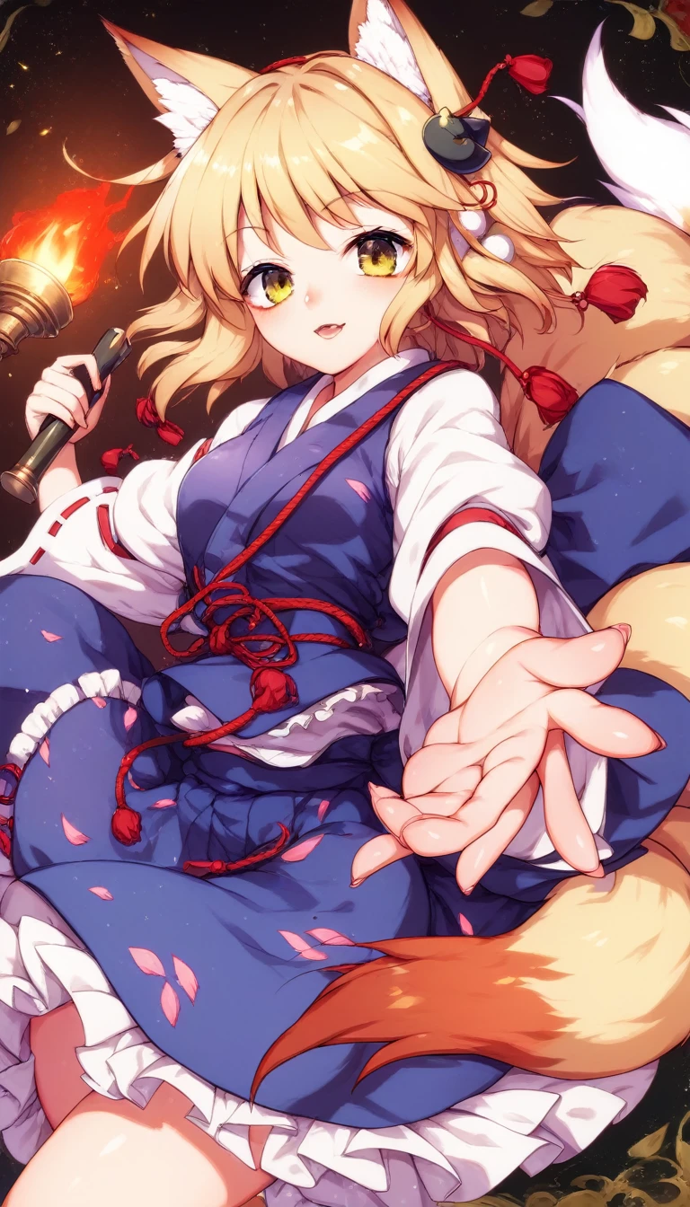 anime girl with long blonde hair and green eyes holding a knife, fox nobushi, kitsune, fox nobushi holding a naginata, holo is a wolf girl, kitsune holding torch, touhou character, with kitsune mask, kitsune three - tailed fox, a beautiful kitsune woman, anime moe artstyle,