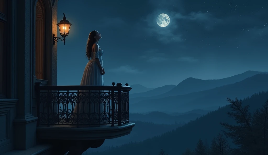 painting of a woman standing on a balcony covered in roses and ivy at night with a full moon, rob rey, a beautiful artwork illustration, realistic fantasy illustration, calm night. digital illustration, beautiful digital artwork, background artwork, romantic painting, inspired by Evgeny Lushpin, stylized urban fantasy artwork, fantasy digital painting, beautiful fantasy art, inspired by Art Frahm, beautiful fantasy painting