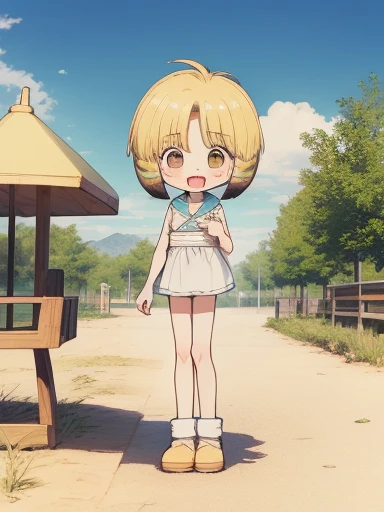 nyannyan, 1girl, solo, blonde hair,  open mouth, brown eyes, short hair, multicolored hair, blush, , masterpiece, best quality, very aesthetic, absurdres, 1girl, smile, looking at viewer, open mouth, blush, eyebrows visible through hair, :d, standing by self, embarrassed, white legwear, smile, looking at viewer, standing by self, (flat chest, l body, HDR, uhd, front shot, public park, Desert, Lotus, Pokémon, White Wolf, Colorful Gradient, Clay Animation, Goldfish, Band, Amusement Park