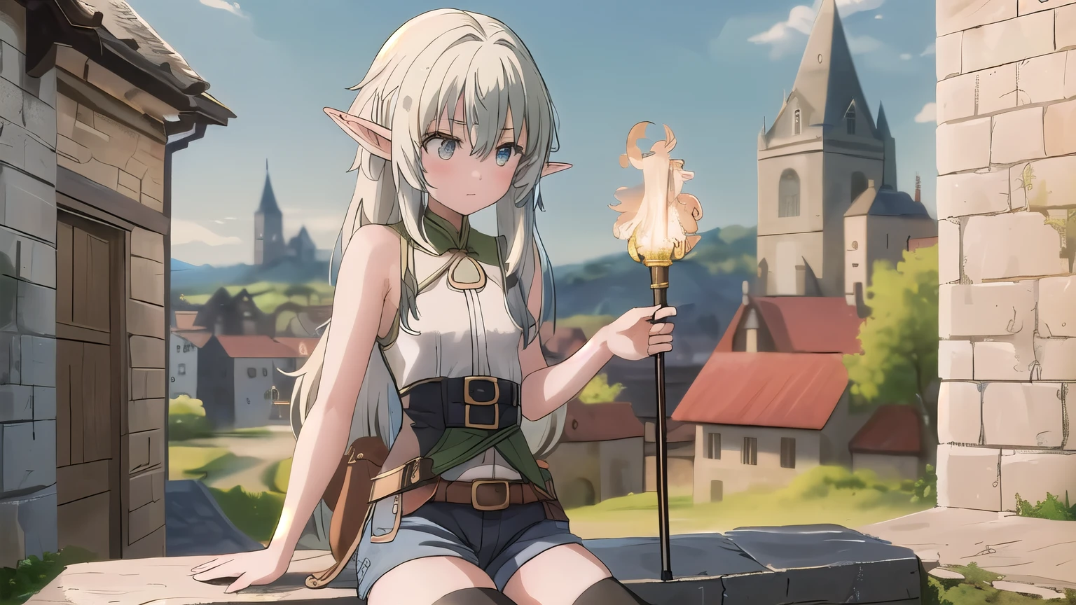 Masterpiece, Top quality, Special details, 1 girl, Putit, Outdoors, Piggy High Elf, Medieval town, Skinny, Alone, Black hair, Sidelock, Hair between eyes, Bangs, Long hair, Small breasts, Pointy ears, Blue shorts, Sleeveless, Thighhighs, Belt, Bare shoulders, Torch,