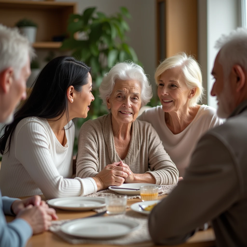 Create a warm and engaging image of a middle-aged woman smiling and socializing with a group of other women. Depict her in a lively and friendly setting, such as a café, a social gathering, or a park. Her expression should be joyful and animated, reflecting a positive and engaging interaction. The other women in the group should be shown listening and participating in the conversation, with happy and relaxed expressions. The background can include elements that enhance the social atmosphere, such as tables, casual decor, or natural surroundings. The overall mood should convey camaraderie, enjoyment, and the pleasure of meaningful connections.