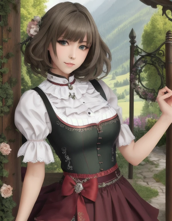 masterpiece, Best Quality, Neko Kaede , Heterochromia, green eyes, blue eyes, masterpiece, Absurd,  details,  high res, Highly detailed face and eyes, Realistic,  Gathered skirt,  in traditional Bavarian costumes take pictures , German Woman, wearing a Gathered skirt