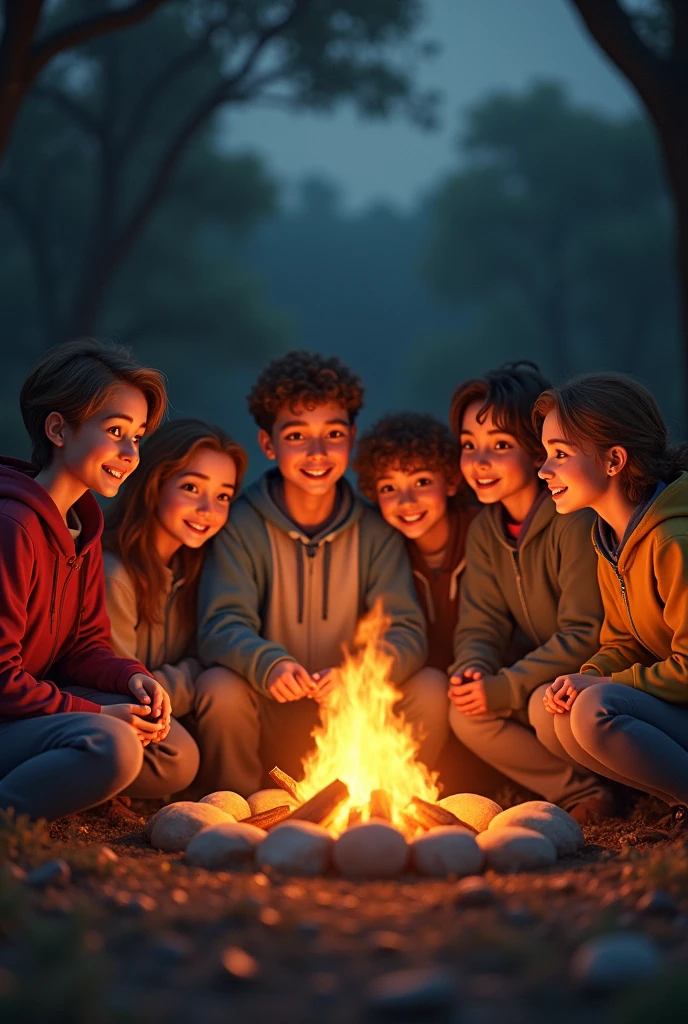 There are some children in circle sit near a spread camp fire and eating roasted potatoes and chana and the fire spread