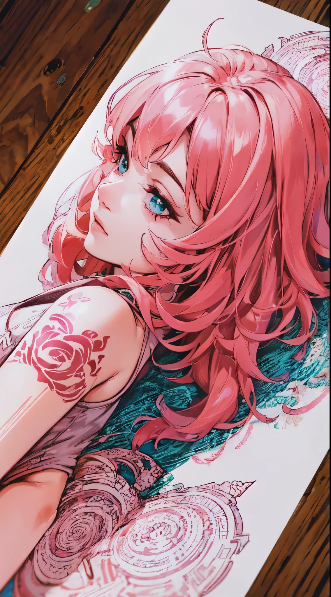A young woman with long pink hair., tattooed body, She is wearing a miniskirt and a white top., Subtle view of her butt in full body shot., Cara y ojos detallados, Intricate tattoo designs, movie lighting, photorealistic, 8K, hyperrealistic, UHD, Retina, masterpiece, Accurate, anatomically correct, textured skin, Super detail, high details, high quality, Award Winning, best quality, highres, 1080P, HD, 16K, Thumb