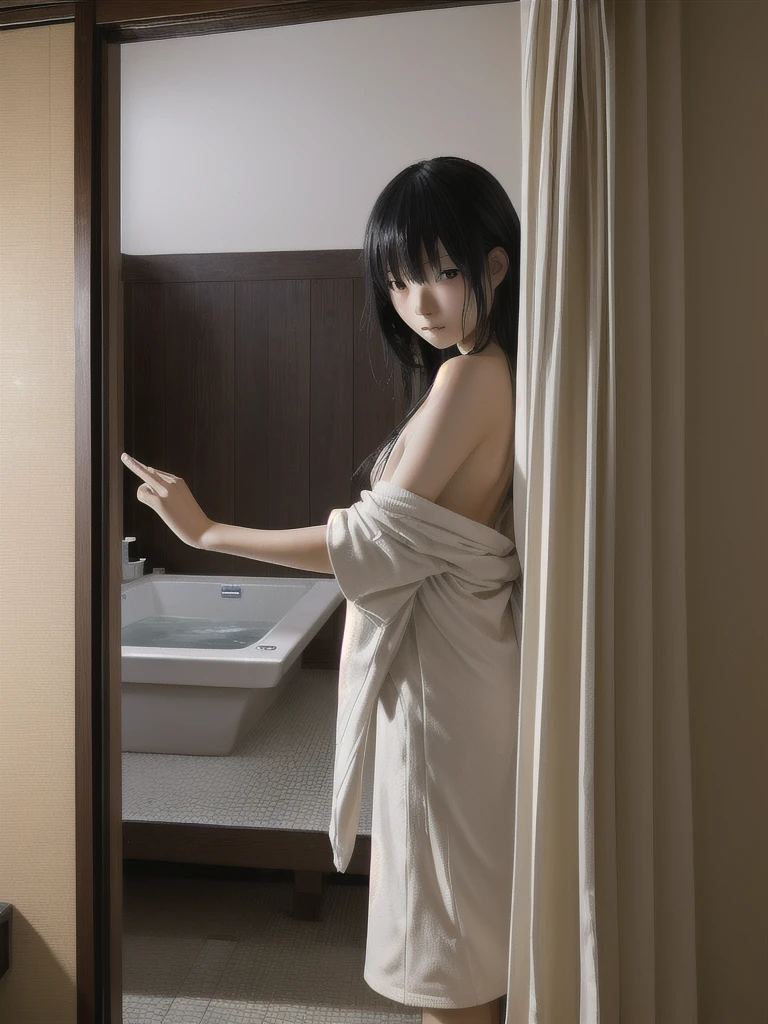 Japanese girl completely stripped of her clothes, bathed in the bathroom with a curtain, making it look ominous.