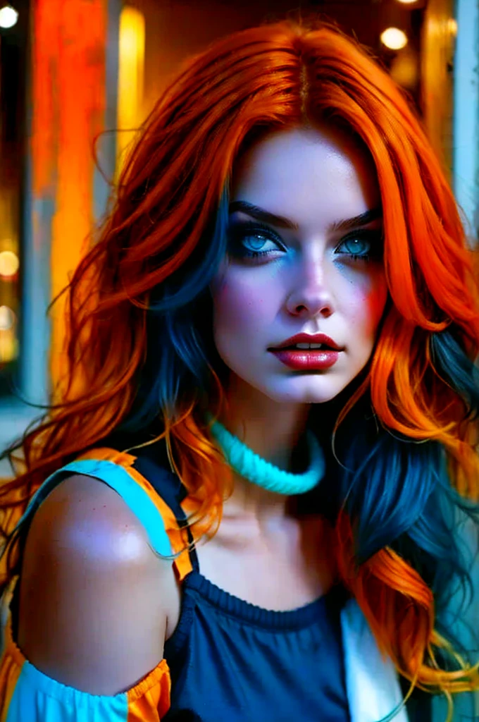 A girl with orange hair, with blue cyberpunk outfit, in a colorful meadow, at night