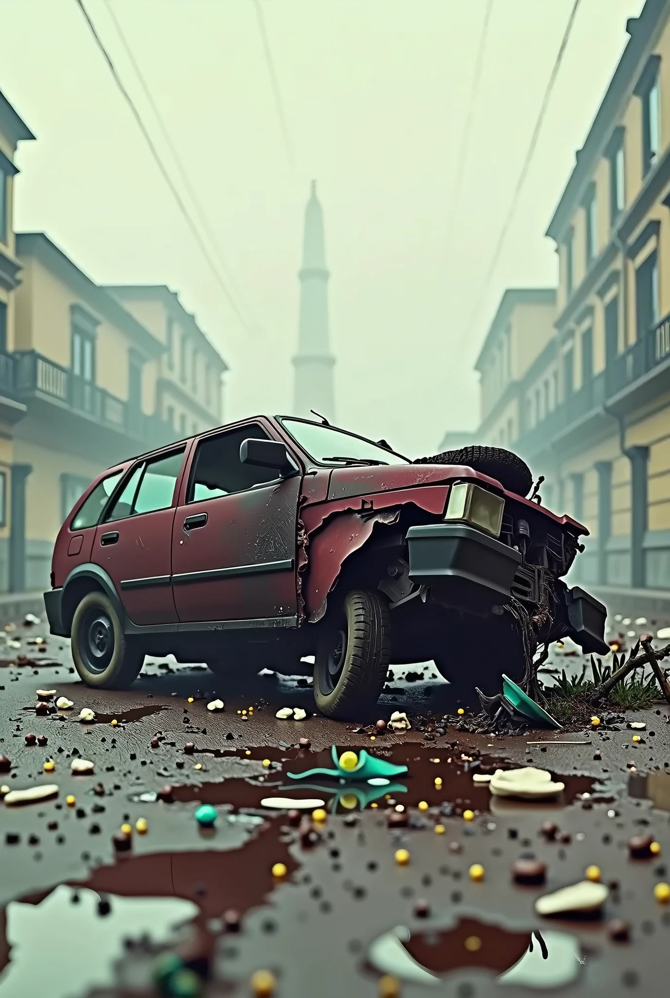 (dynamic pose:1.2),(dynamic camera),masterpiece, dark blue colored car Lotus on ravaged train station, shattered platforms, derailed trains, abandoned travel hub high speed