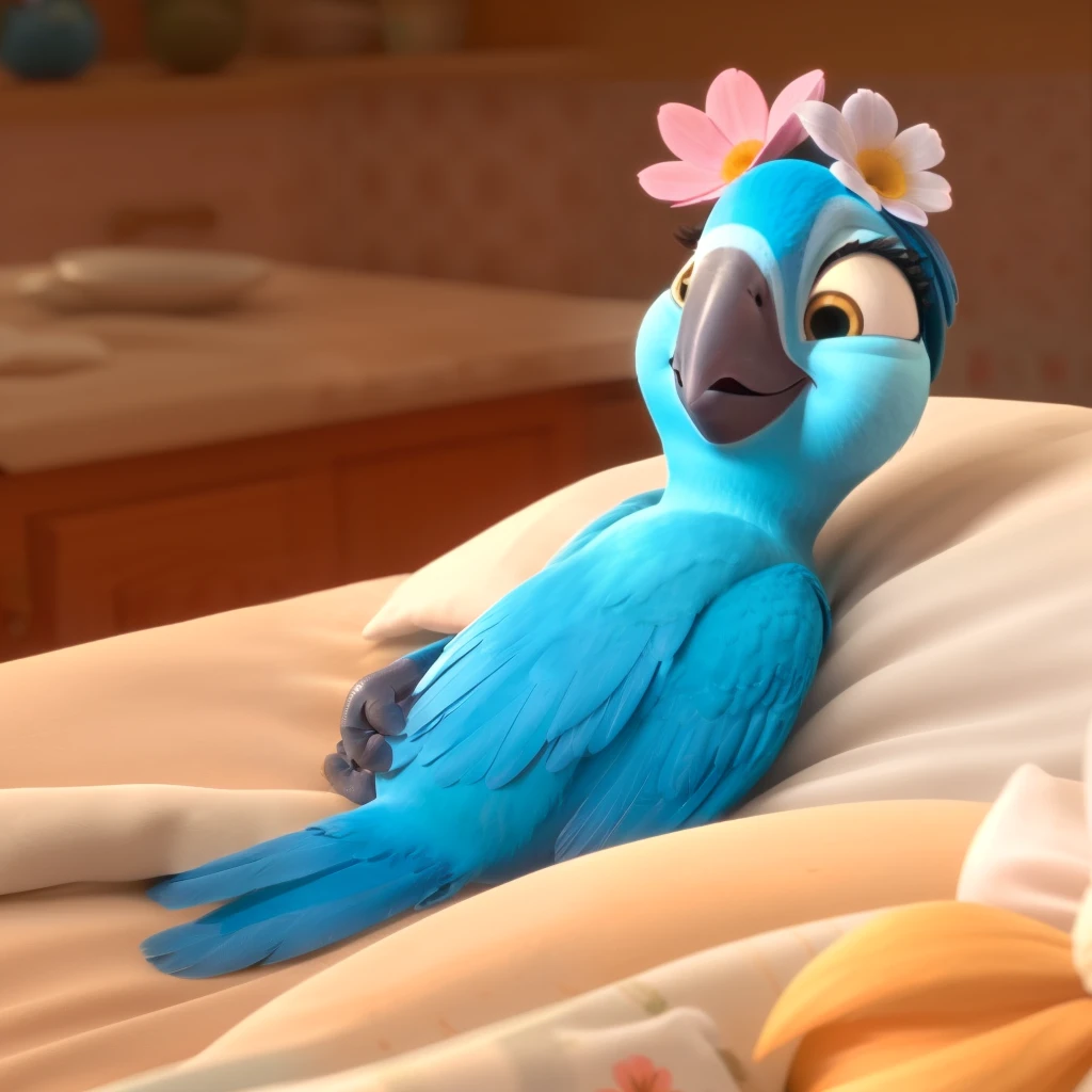 Bia, nsfw, spix macaw,female, blue feathers, 3d, cgi, detailed, flower on head, smile, pregnant, belly, playing belly, laying on bed, cozy, cuddle, vore moment