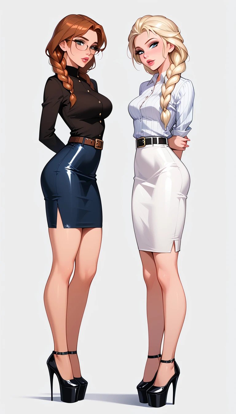 score_9, score_8_up, score_7_up, 2girls, duo, (Anna, brown hair, braided pigtails, wearing tight pencil skirt, belt, blouse, spectacles, platform heels:1.3) and (Elsa, blonde, braid, wearing tight pencil skirt, belt, blouse, spectacles, platform heels:1.2), flirt, gaze, sexy look, half-closed eyes, head tilt, filled lips, thick lips, makeup, side view, (full bodies in view) expressiveh d4rk01l, perfect hands, perfect proportions, simple background. shibari, bound arms, arms behind back, legs apart, kneels