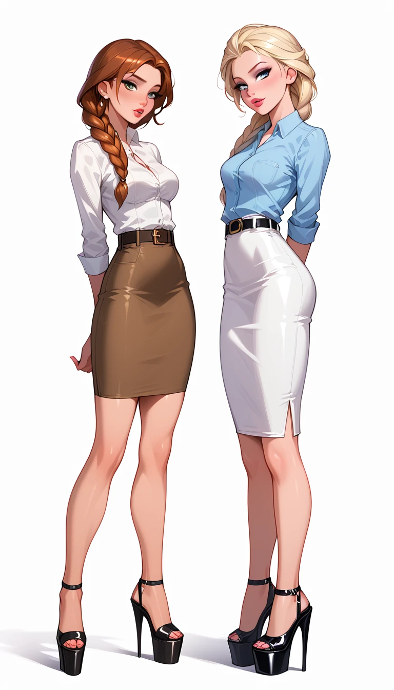 score_9, score_8_up, score_7_up, 2girls, duo, (Anna, brown hair, braided pigtails, wearing tight pencil skirt, belt, blouse, spectacles, platform heels:1.3) and (Elsa, blonde, braid, wearing tight pencil skirt, belt, blouse, spectacles, platform heels:1.2), flirt, gaze, sexy look, half-closed eyes, head tilt, filled lips, thick lips, makeup, side view, (full bodies in view) expressiveh d4rk01l, perfect hands, perfect proportions, simple background. shibari, bound arms, arms behind back, legs apart, kneels