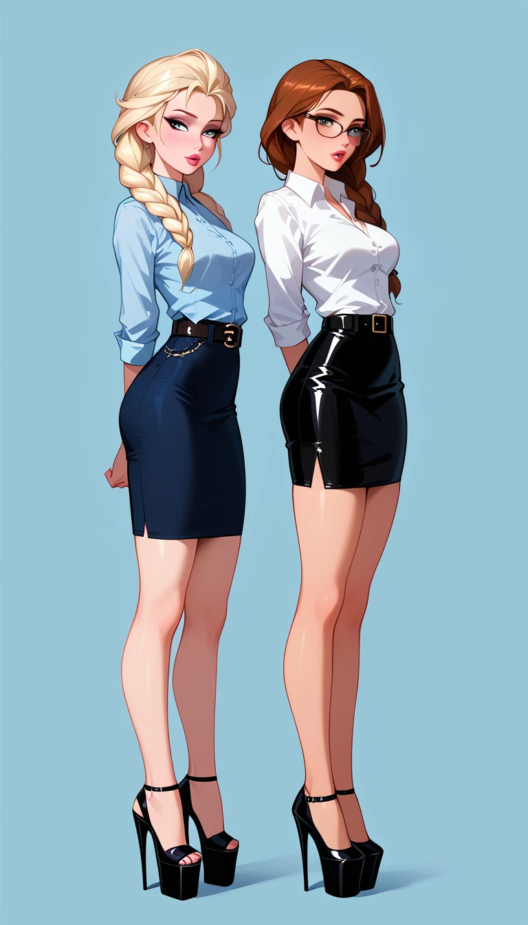 score_9, score_8_up, score_7_up, 2girls, duo, (Anna, brown hair, braided pigtails, wearing tight pencil skirt, belt, blouse, spectacles, platform heels:1.3) and (Elsa, blonde, braid, wearing tight pencil skirt, belt, blouse, spectacles, platform heels:1.2), flirt, gaze, sexy look, half-closed eyes, head tilt, filled lips, thick lips, makeup, side view, (full bodies in view) expressiveh d4rk01l, perfect hands, perfect proportions, simple background. shibari, bound arms, arms behind back, legs apart, kneels