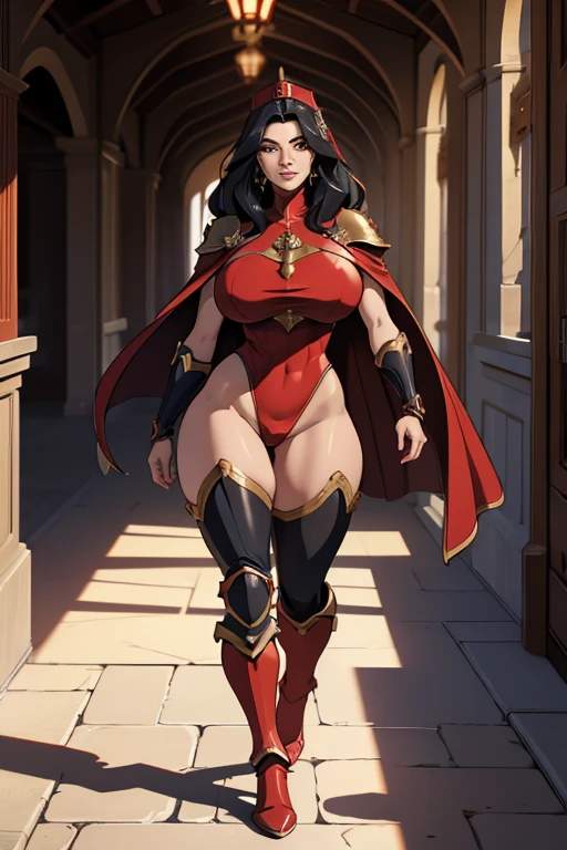 Unreal Engine 5 Realistic Rendering, Excellent, black hair, red group, full armor, royal cape, milf, looking on viewer, Donghua character, cosplayer, walking down hallway of Holy palace, beautiful face, makeup, top body is hyper realistic thicc muscular and hyper largest_breasts!!, lower is huge buttocks, hair, red theme, bokeh, masterpiece, highres, 1080P, UHD