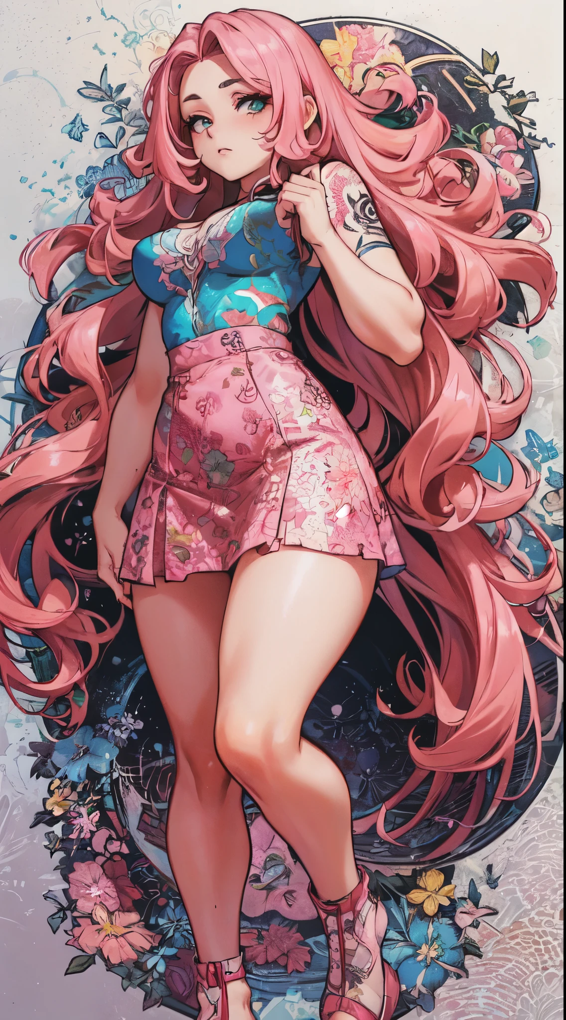 A young woman with long pink hair., tattooed body, She is wearing a miniskirt and a white top., Subtle view of her butt in full body shot., Cara y ojos detallados, Intricate tattoo designs, cinematographic lighting , photorealistic, 8K, hyperrealistic, UHD, Retina, masterpiece, Accurate, anatomically correct, textured skin, Super detail, high details, high quality, Award Winning, best quality, highres, 1080P, HD, 16K, Thumb