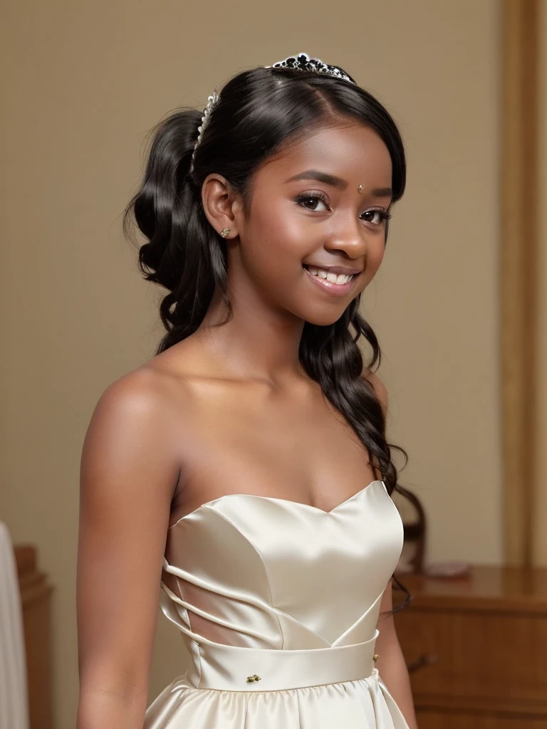 A Indian girl, black ponytail, (black skin:1.4), BREAK, baby face, standing, (satin princess dress, white wedding dress:1.4), BREAK, (wedd00ing:1.2), (tiny tits, tt_flat), ((shooting from side)), armpit, smiling,+ bedroom, 