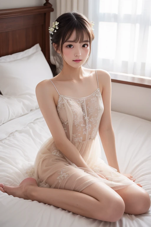 masterpiece、(Sheer spring dress), (Light tulle), Center of chest, (Anatomically correct), Bedroom、Small and cute face、Embarrassing、(Looking into the camera)、Smooth, Soft and delicate skin、beauty、Highest quality、very cute、Japanese women、Perfect body、thin、Natural Makeup、, (Embarrassing:1.3)、(blush), (High resolution、8k:1.1)、(Half Up:1.1)、(Lying in bed:1.3), Wearing high heels、Showing nipples, (Please bend your knees)