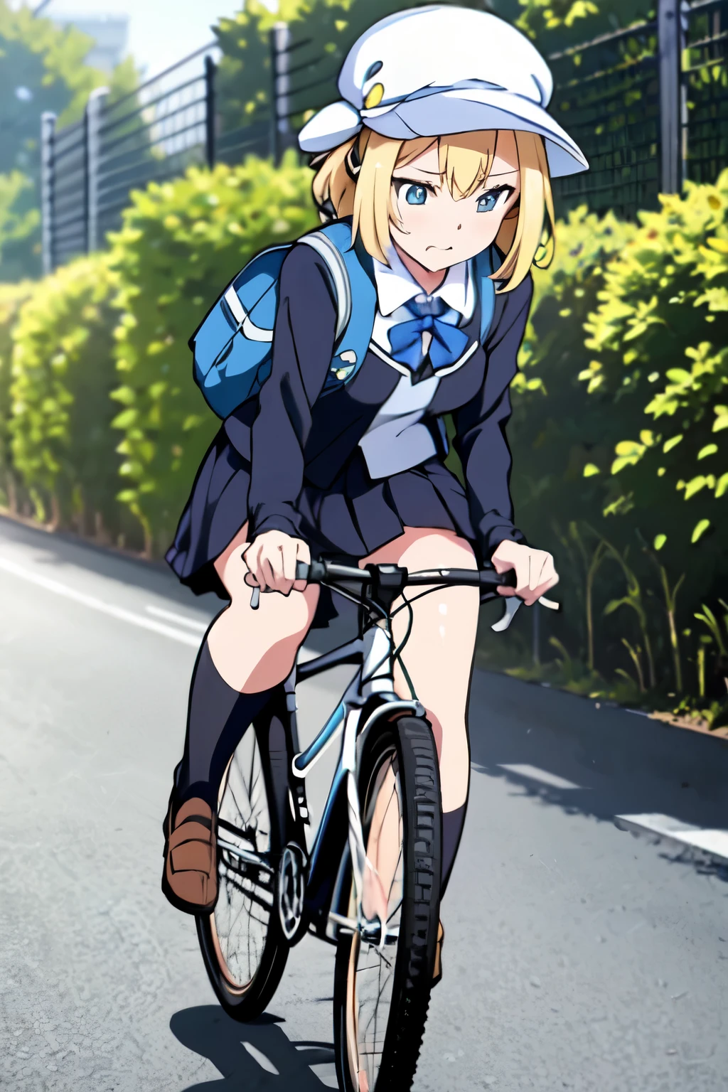 anime girl in a blue hat and school uniform riding a bicycle, the anime girl is running, in style of kyoto animation, anime visual of a cute girl, anime cgi style, kyoto animation, young anime girl, smooth anime cg art, anime girl walking on water, kyoto animation still, anime style. 8k, sayori, anime moe artstyle