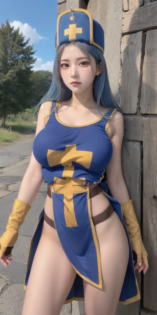 (masterpiece, Best Quality:1.1), priest \(dq3\),  1 girl , Alone, Long Hair, Blue Hair, Red eyes, Mithra, Tabard, Cross Print, Orange bodysuit, elbow gloves, Large Breasts, holding, staff, nature, blue sky 、blue long loincloth