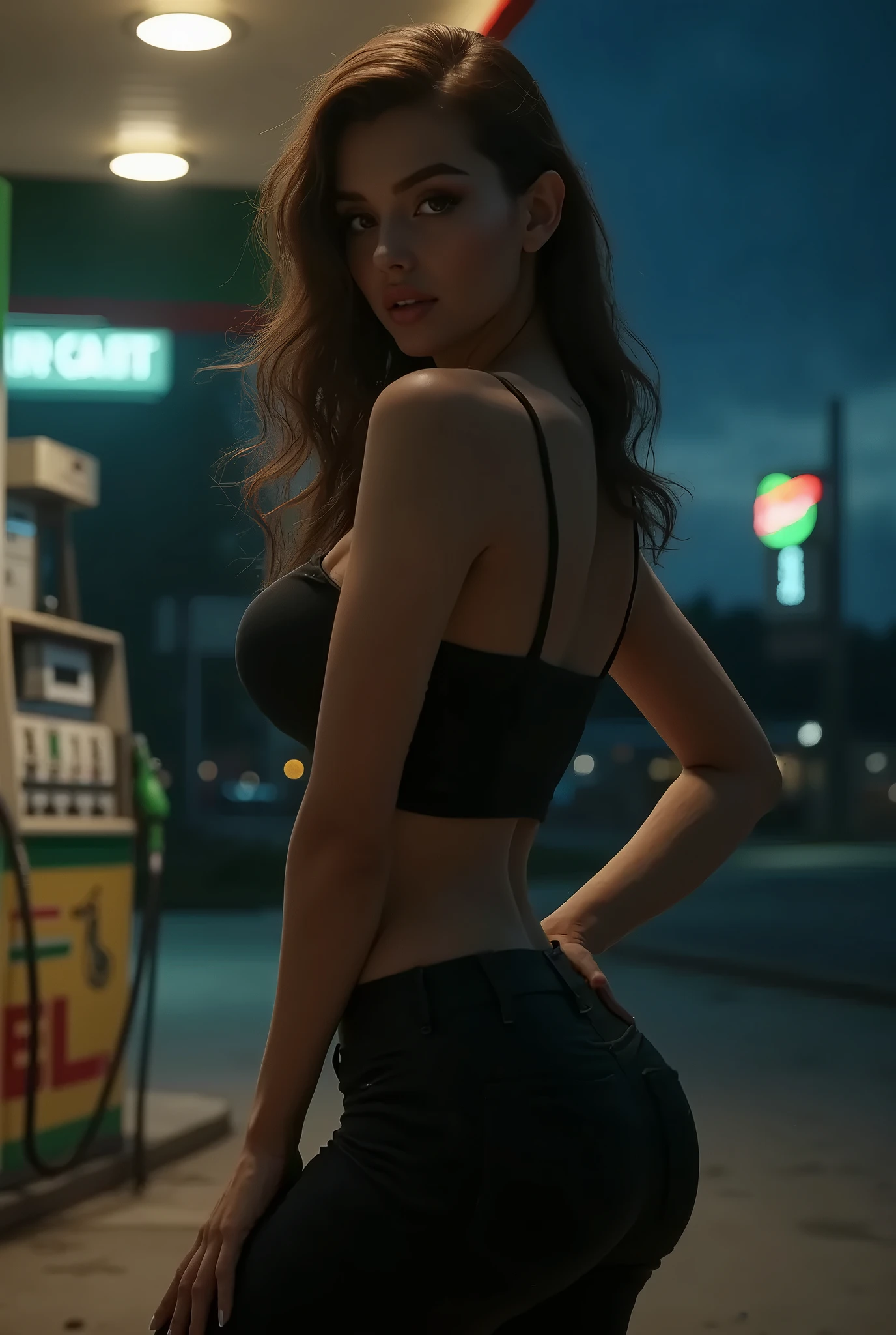 (Masterpiece.UHD.photorealistic) full body shot. An ultra hot gorgeous European woman.age 23.topless woman in narrow band of denim cutoff shorts at a gas station, rendered in black and white with dramatic lighting and deep shadows, view from side, looking over shoulder, inspired by film noir.
