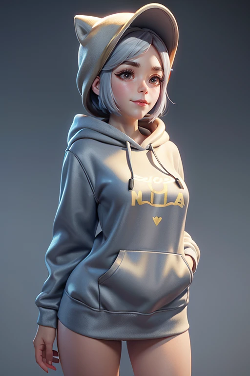 a whimsical  woman with grey hair and wearing a gold pig hoodie  hat 3d render